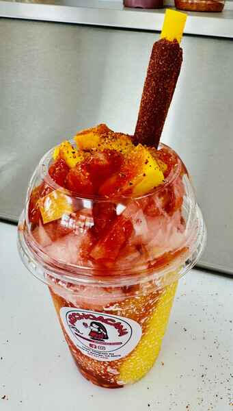 Mangonada Sorbet with toppings at La Michoacana de Tocumbo in Santa Fe Springs